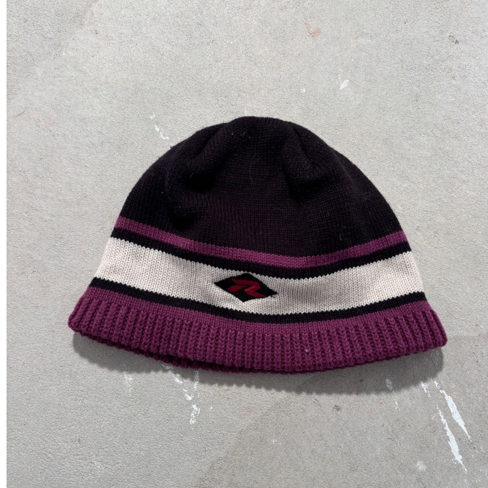 Vintage Russell Athletic Striped Beanie Black Purple Cream Knit Skull Cap Hat